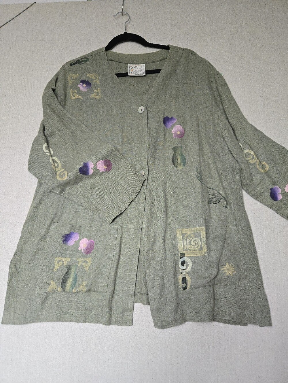 Olive Green Embroidered V-Neck Women's 100% Linen Cardigan by Alegre